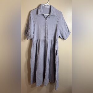 R. Vivimos Blue Gray Gauze Tiered Midi Dress Button Front Collared Sz M